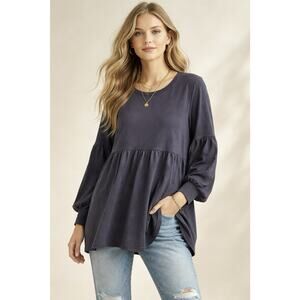 Anthropologie t.la Pullover Top L Tiered Boho Hippie 100% Cotton Terry Gray